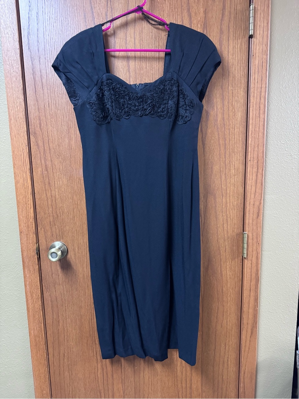Black Cap-Sleeve Evening Dress with Rosette Detail